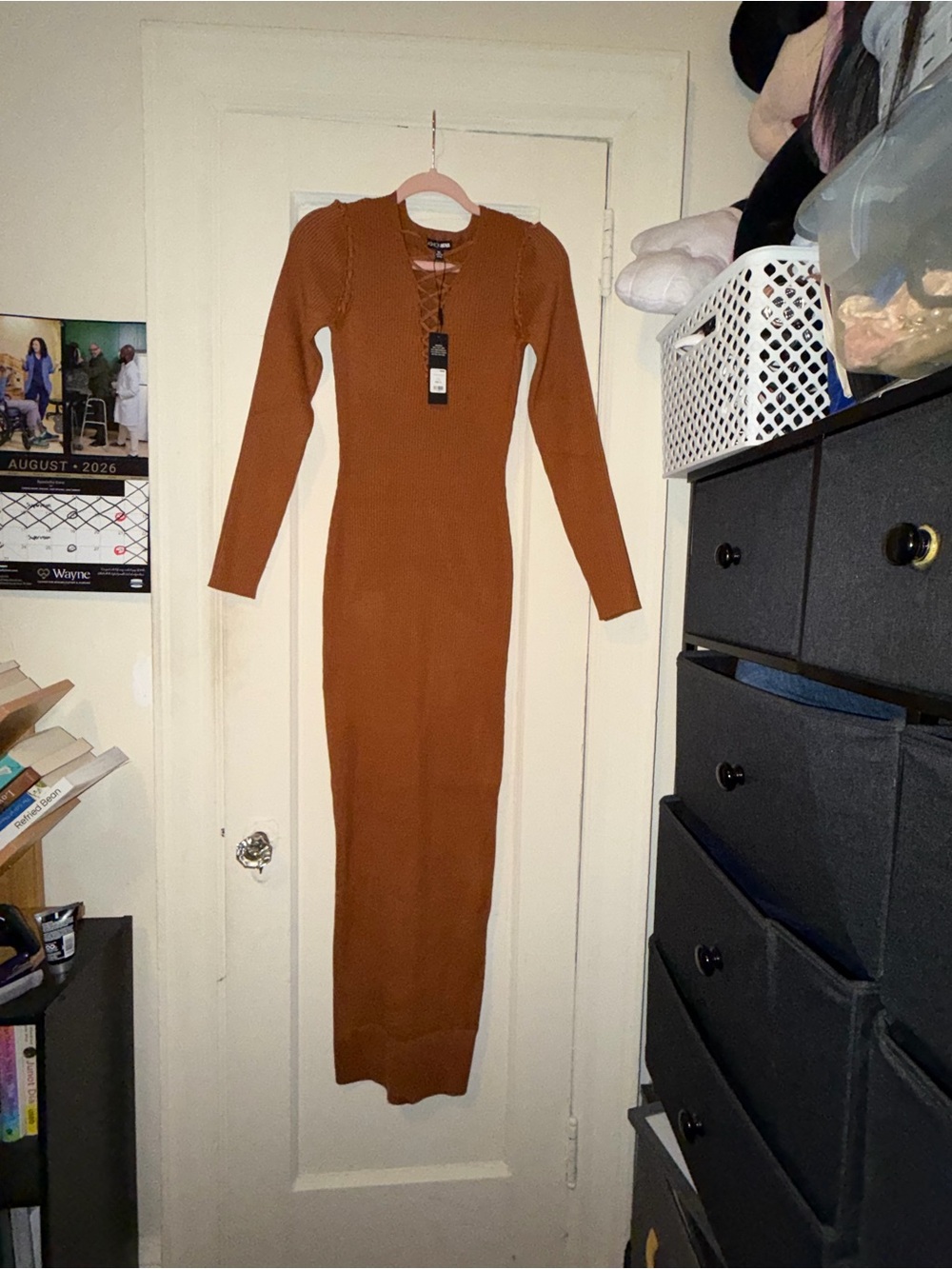 Fashion Nova Lace-Up Ribbed Maxi Dress in Rust Brown